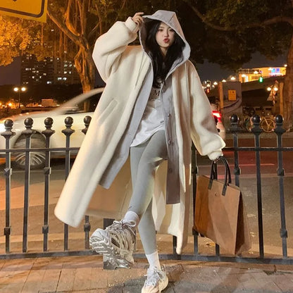 Cralom Imitation Lambswool Long Coat with High Hood, Korean Style Two-piece Design