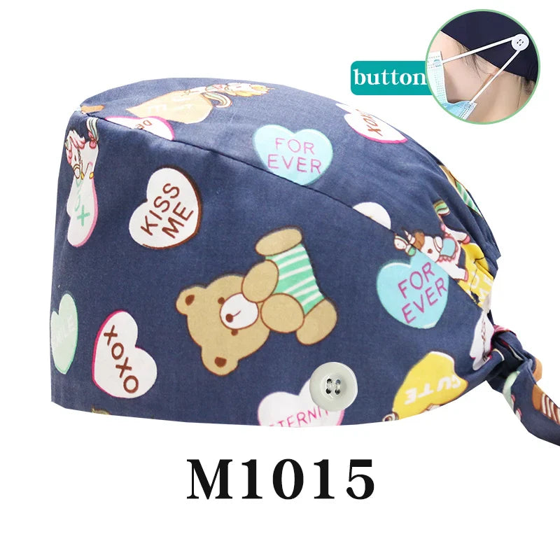 Cralom Bear Print Nurse Cap - Unisex Scrub Hat for Veterinary & Medical Use
