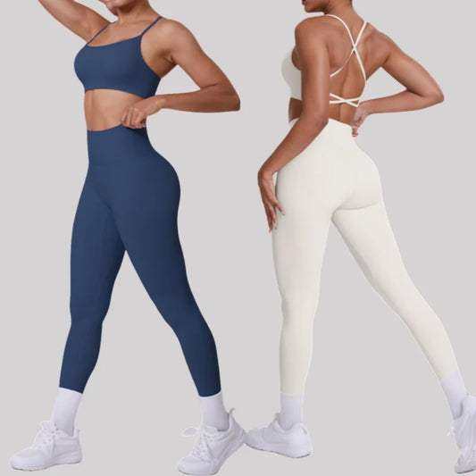 Cralom Seamless Yoga Set: Cross Back Sports Bra & High Waist Booty Lifting Leggings