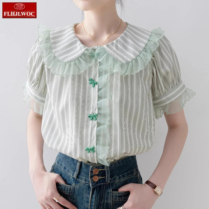 Cralom Butterfly Button Peter Pan Collar Blouse Cute Preppy Style Women Tops