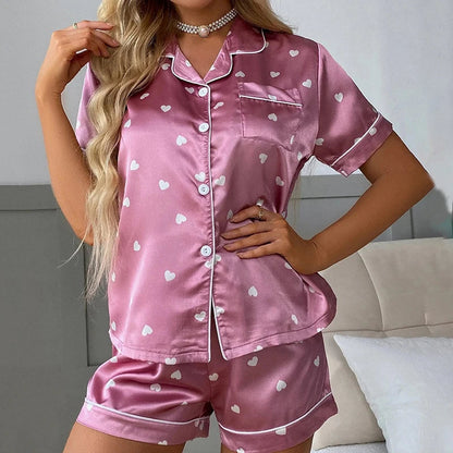 Cralom Silk Satin Pajama Set: Button Down Top, Shorts, V-Neck, 2 Pieces