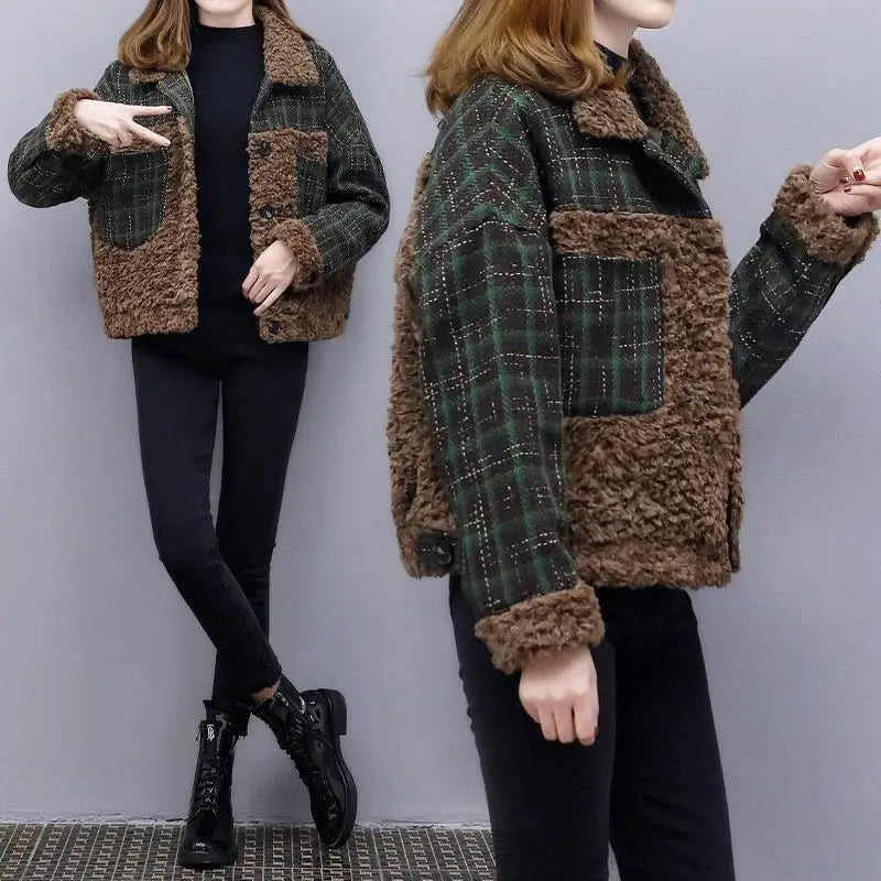Cralom Fluffy Plaid Fleece Jacket for Women Warm Winter Coat