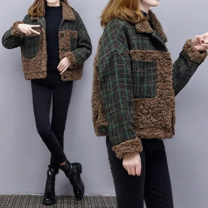 Cralom Fluffy Plaid Fleece Jacket for Women Warm Winter Coat