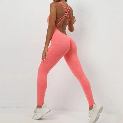 Cralom Peach High-Waist Yoga Jumpsuit - Fast Drying Sweat-Wicking Activewear