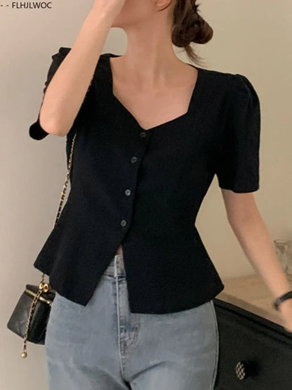 Cralom Retro Summer Crop Tops: Chic Bodycon Slim Fit Peplum Button Shirts