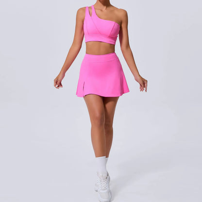 Cralom Women's Yoga Bra Set & Tennis Skirt with Pockets Anti-expose