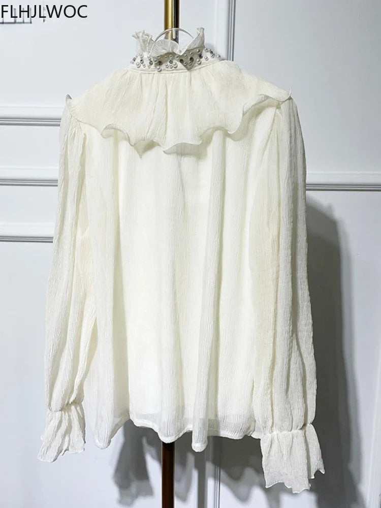 Cralom Flare Sleeve White Blouse with Bead Detail