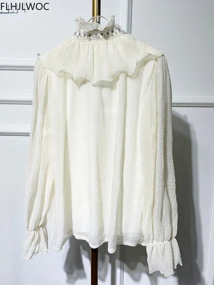Cralom Flare Sleeve White Blouse with Bead Detail