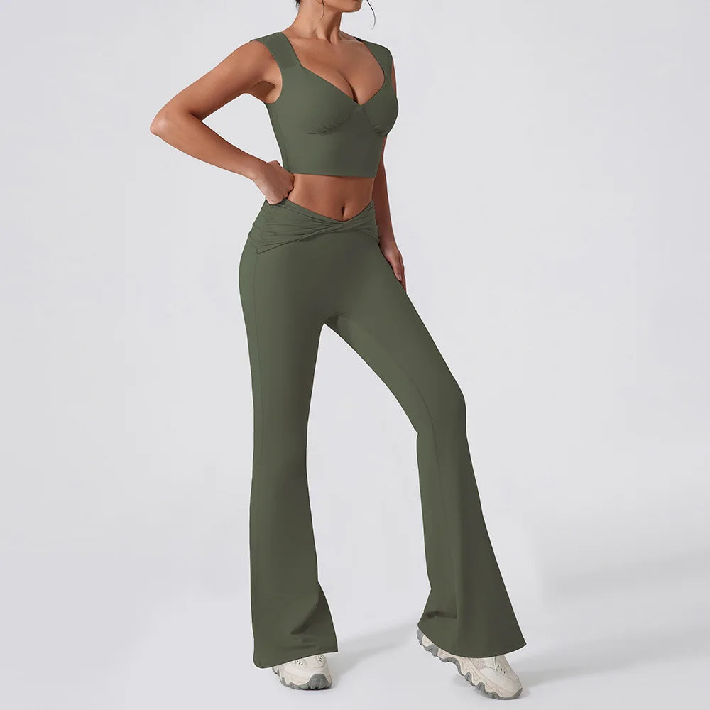 Cralom Yoga Set: Vest & Bell-bottoms Pants Fitness Suit for Women