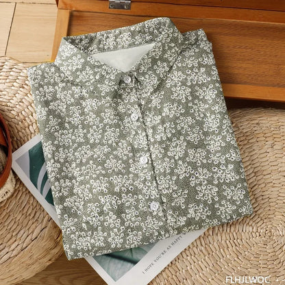 Cralom Vintage Floral Print Button Shirt Slim Waist Retro Design Women Summer Tops