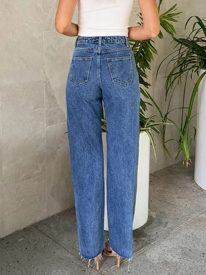 Cralom Beaded Vintage Washed Blue Jeans - High Waist Loose Straight Pant