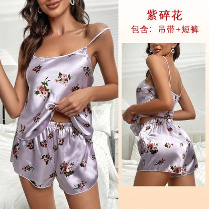 Cralom Women's Printed Silk Pajama Set