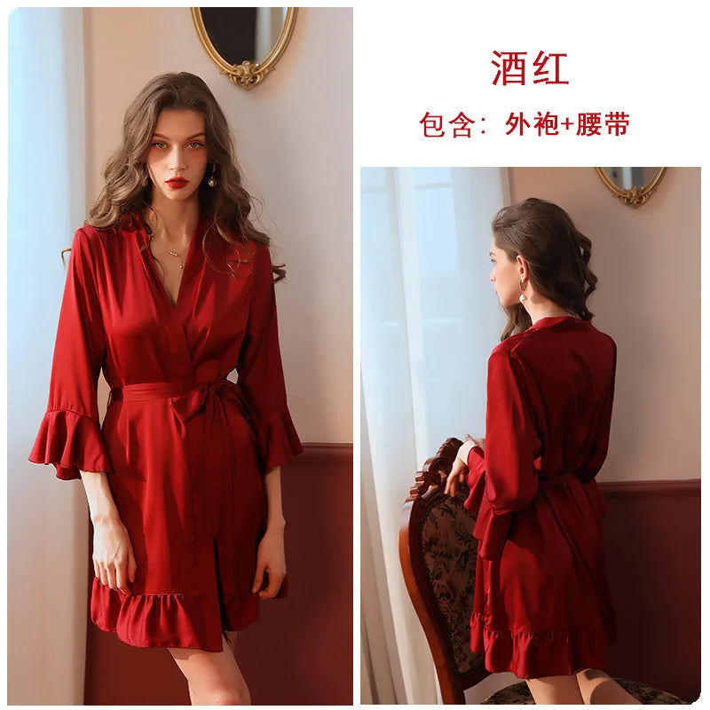 Cralom Sexy Silk Pajama Set: Stylish Lotus Leaf Cuff Robe & Nightgown Combo