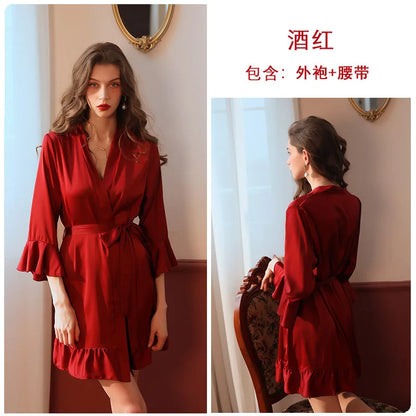 Cralom Sexy Silk Pajama Set: Stylish Lotus Leaf Cuff Robe & Nightgown Combo
