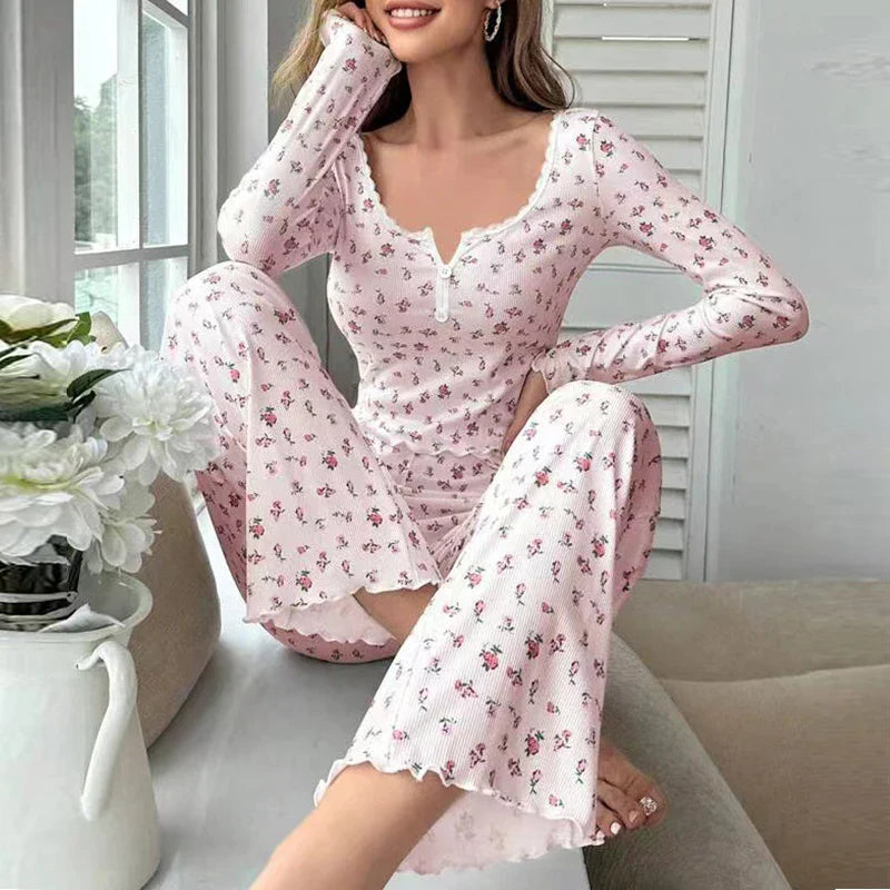 Cralom Printed Pajama Set: Long Sleeve Top, Elastic Waist Pants, Casual Spring Home Clothes