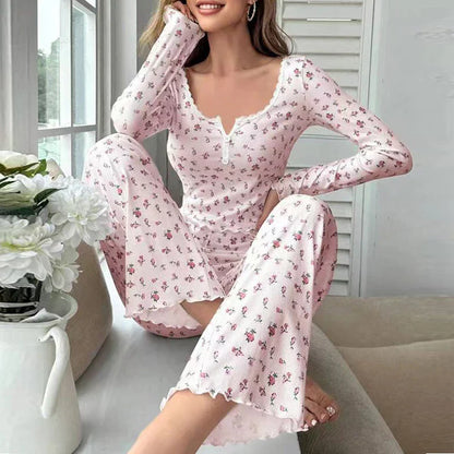 Cralom Printed Pajama Set: Long Sleeve Top, Elastic Waist Pants, Casual Spring Home Clothes