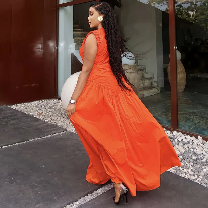 Cralom V-Neck High Waist Maxi Dress Solid Color Sleeveless Sexy Summer Fashion