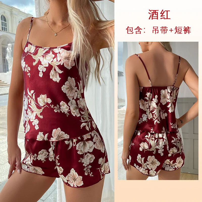 Cralom Women's Printed Silk Pajama Set
