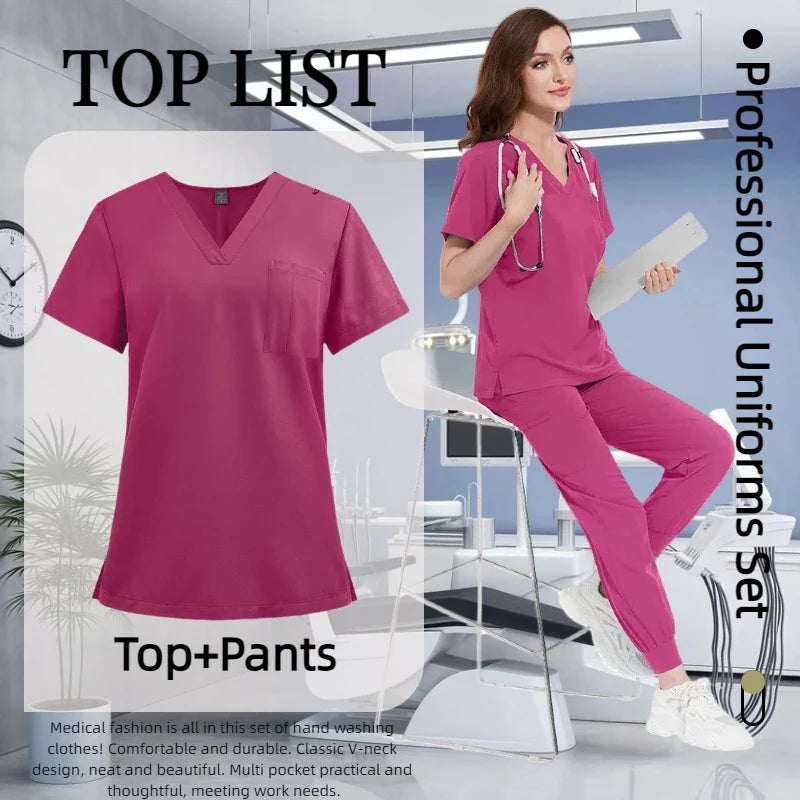 Cralom Multicolour Nurse Scrubs Set V-neck Top Pocket Pants