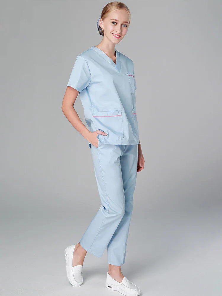Cralom Women's Light Blue Scrub Set - V Neck Top and Pant
