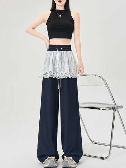Cralom Lace Spliced Capris Loose Lace-Up Pants 2025 Spring-Summer Streetwear Fashion