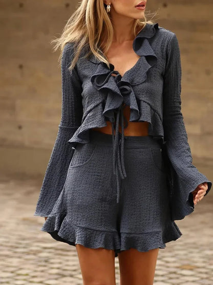 Cralom Lace Up Flare Sleeve Top & Short Set: Vintage Streetwear Style