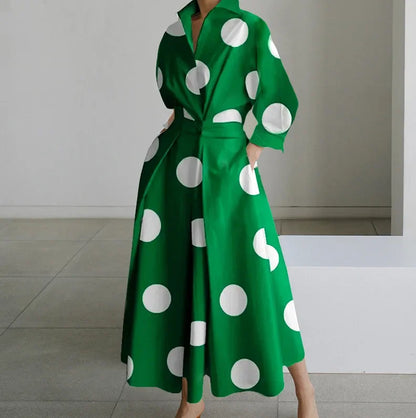 Cralom White Dot Print Maxi Dress - Elegant V Neck Autumn Long Sleeve Party Robe