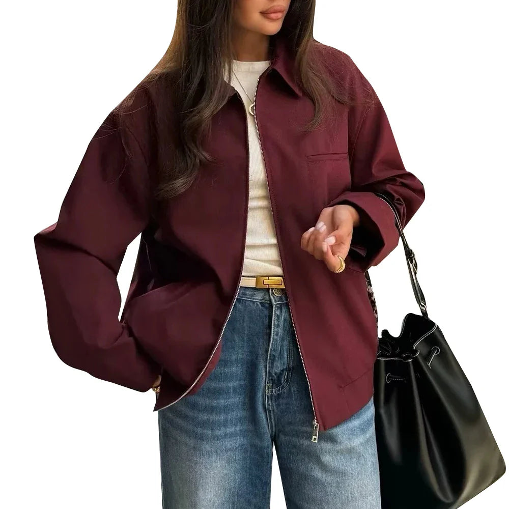 Cralom Solid Spliced Lapel Jacket Loose Fit Minimalist Chic Coat