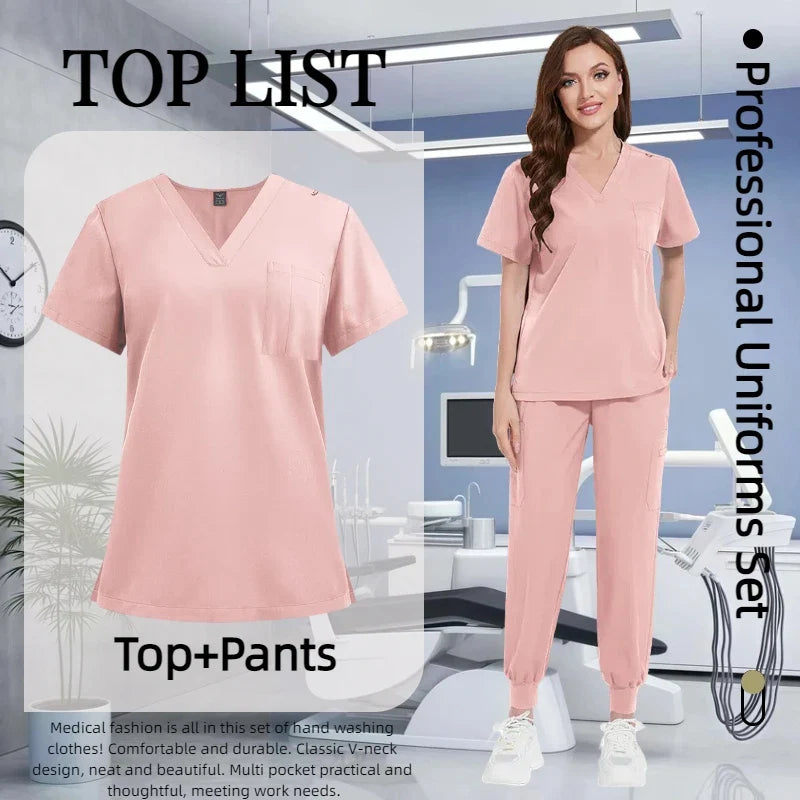 Cralom Multicolour Nurse Scrubs Set V-neck Top Pocket Pants