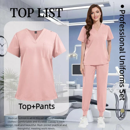 Cralom Multicolour Nurse Scrubs Set V-neck Top Pocket Pants