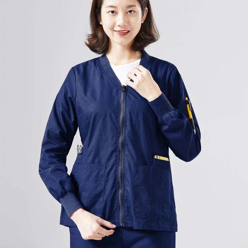 Cralom Knitted Zip Up Scrub Jacket: Long Sleeve Workwear Scrubs