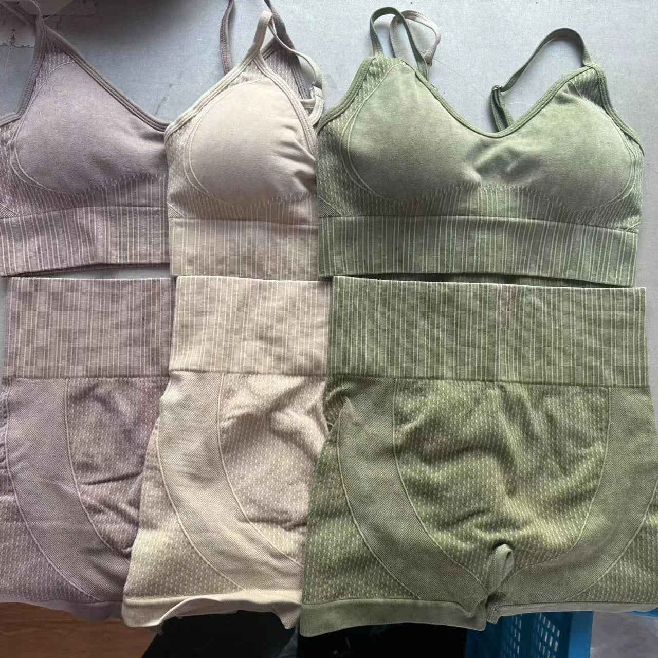 Cralom Sand Washed Seamless Yoga Set: Sports Bra & High Waist Gym Shorts