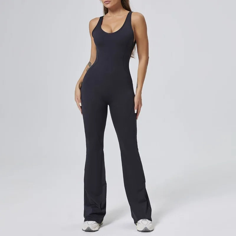Cralom Seamless Yoga Bodysuit - Flare Leg Booty Lifting Jumpsuit for Gym