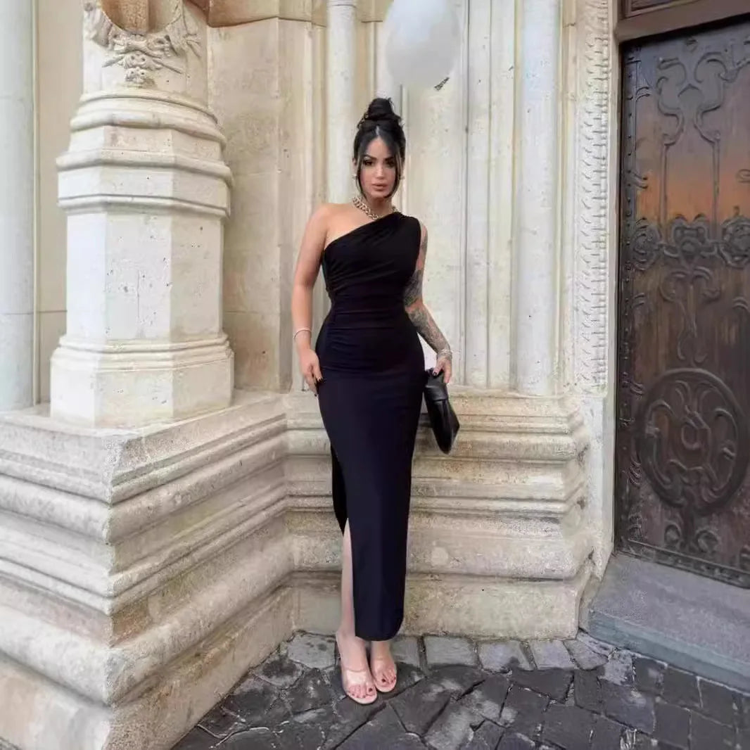 Cralom Summer Solid Color Shoulder Slit Dress