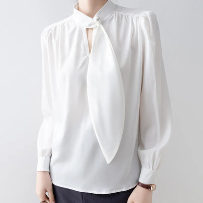 Cralom Elegant Long Sleeve Bow Tie Blouse for Women Office Chic White Shirt