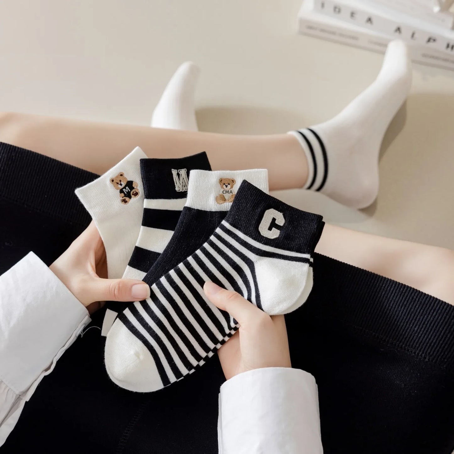 Cralom Striped Black & White Kids Short Socks for Spring & Summer