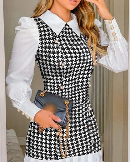 Cralom Houndstooth Button Decor Puff Sleeve Dress
