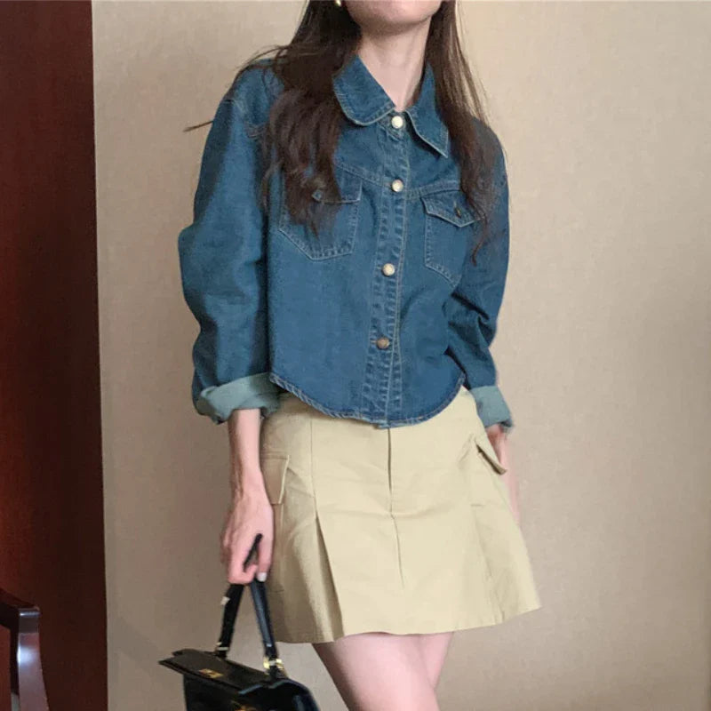 Cralom Women's Denim Jacket | Long Sleeve Casual Preppy Style Blue Jeans Coat