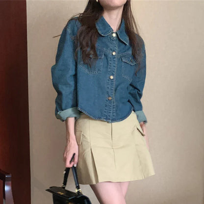 Cralom Women's Denim Jacket | Long Sleeve Casual Preppy Style Blue Jeans Coat