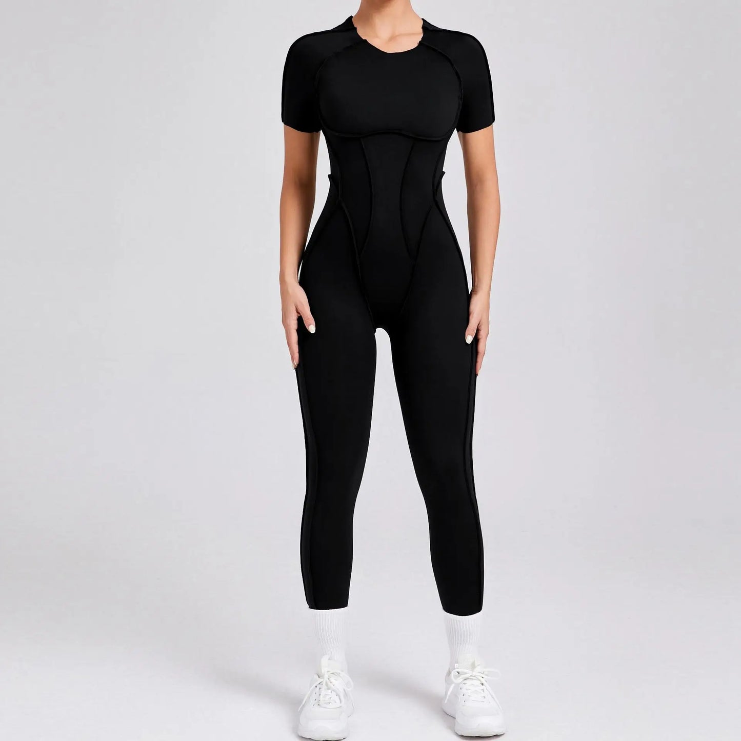 Cralom Seamless Backless Yoga Bodysuit - Short Sleeve Long Pants