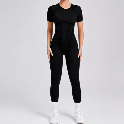 Cralom Seamless Backless Yoga Bodysuit - Short Sleeve Long Pants