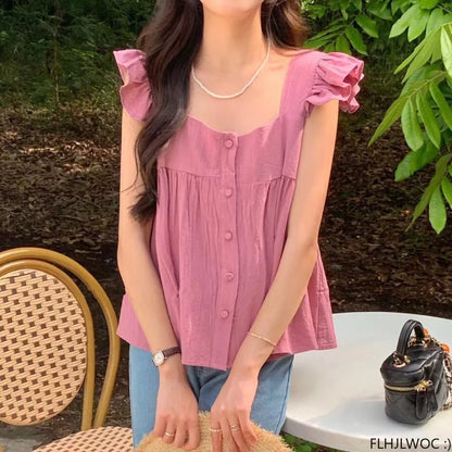 Cralom Ruffled Blouse: Retro Chic Single-Breasted Shirt for Girls