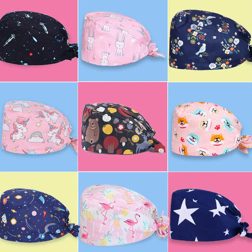 Cralom Cotton Scrub Cap with Sweatband, Tie Back Working Hat for Beauticians