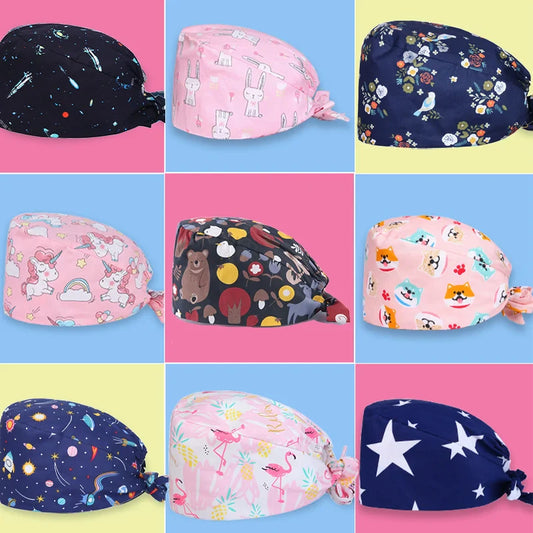 Cralom Cotton Scrub Cap with Sweatband, Tie Back Working Hat for Beauticians