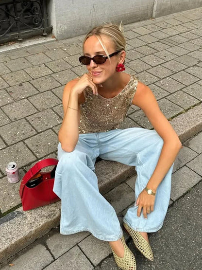 Cralom Sequined Sleeveless Tank Top - Sparkling O-Neck Clubwear Top