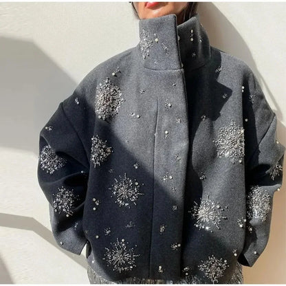 Cralom Diamonds Loose Jacket Stand Neck Patchwork Coat