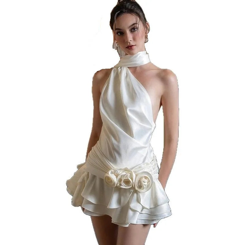 Cralom Satin Backless 3D Flowers Halter A-line Dress, Elegant Party Clubwear