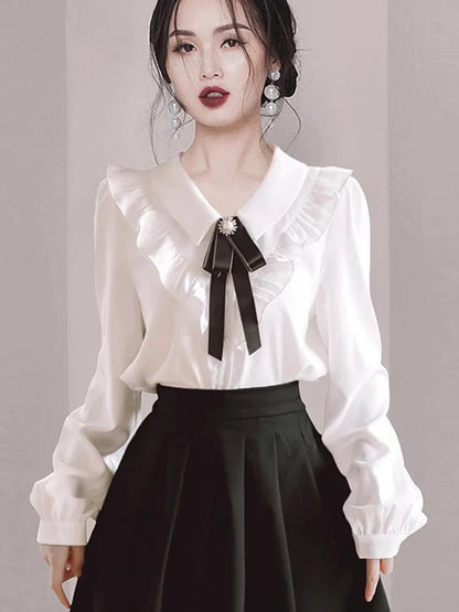 Cralom Ruffled Ribbon Bow Tie Elegant White Blouse