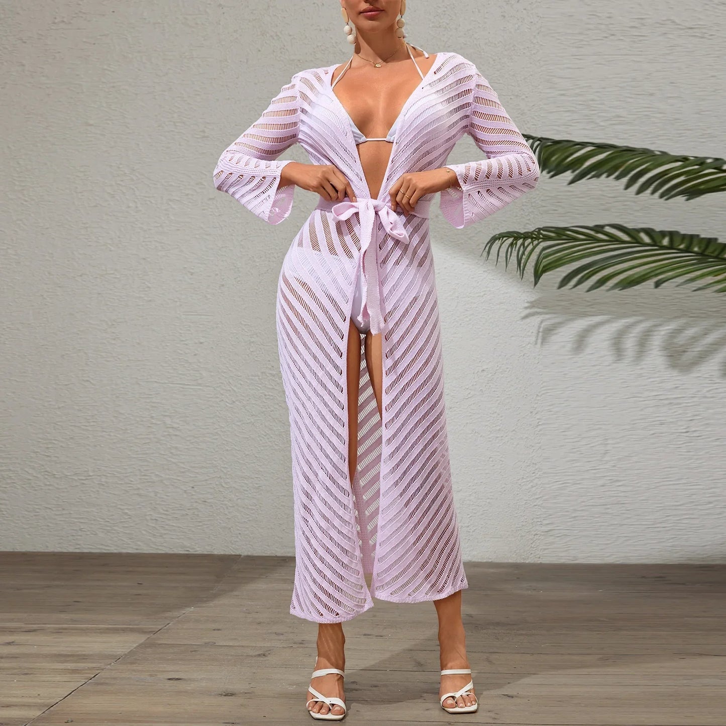 Cralom Mesh Hollow Chest Wrap Long Sleeve Top Dress - Summer 2025