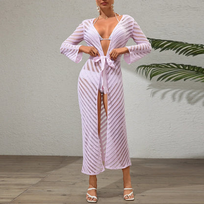 Cralom Mesh Hollow Chest Wrap Long Sleeve Top Dress - Summer 2025